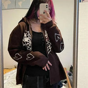 Y2K Rhinestone Cobweb Zip Up Oversized Sweatshirt 2022 Autumn Goth Hoodie Men Women Grunge Hooded Jacket Streetwear Y2K Clothing