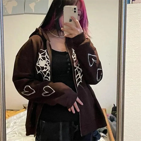 Y2K Rhinestone Cobweb Zip Up Oversized Sweatshirt 2022 Autumn Goth Hoodie Men Women Grunge Hooded Jacket Streetwear Y2K Clothing