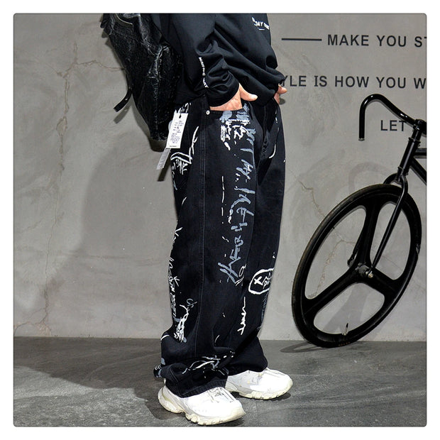 American Hip Hop Baggy Jeans Mens Clothing Streetwear Paint Graffiti Black Skateboard Street Dance Pants Kpop Denim Trousers