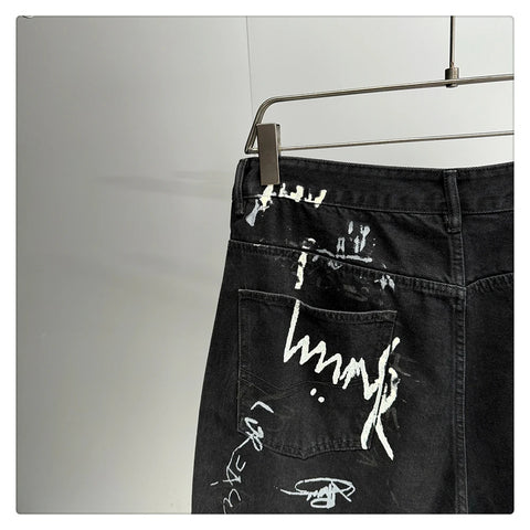 American Hip Hop Baggy Jeans Mens Clothing Streetwear Paint Graffiti Black Skateboard Street Dance Pants Kpop Denim Trousers