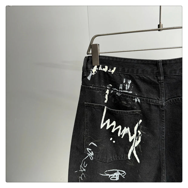 American Hip Hop Baggy Jeans Mens Clothing Streetwear Paint Graffiti Black Skateboard Street Dance Pants Kpop Denim Trousers