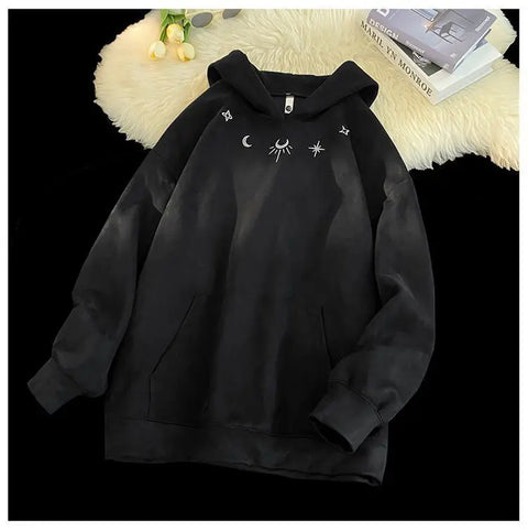 Men's hooded sweatshirt, oversized baggy sweater with Gothic star logo, American hip hop fashion sweatshirt, gray, winter