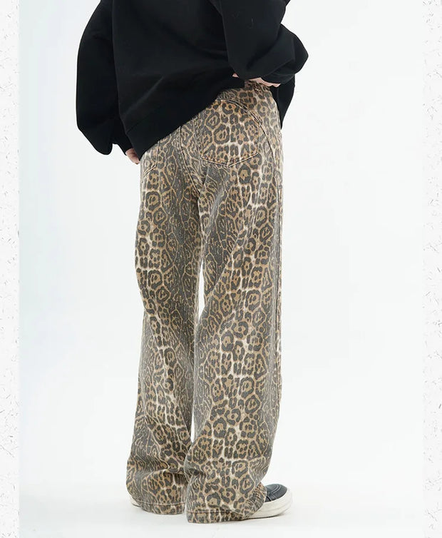 American Retro Leopard High Waist Baggy Jeans Womens Casual Pockets Hip-hop Pants 2024 Spring Y2K Oversize Panther Denim Trouser