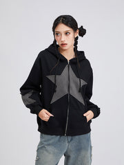 Winter Casual Hooded Coat Women Long Sleeve Star Print Zip Up Drawstring Hoodie Gothic Loose Outwear