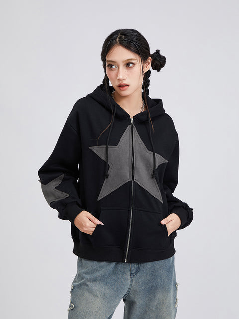 Winter Casual Hooded Coat Women Long Sleeve Star Print Zip Up Drawstring Hoodie Gothic Loose Outwear