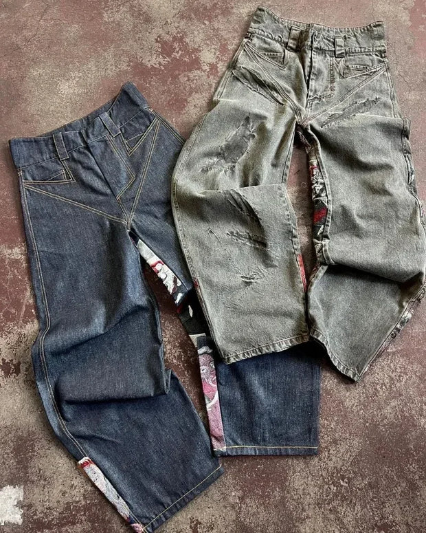Hip Hop Rock Embroidery New Y2k Jeans Pattern Printed Loose Trousers for Men and Women Retro Harajuku Goth Ripped Wide Leg Pants