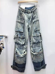 DEAT Fashion Gradient Multiple Pockets Design Jeans Women's Single Button High Waist Denim Pants 2025 Spring Female New 11XX4925