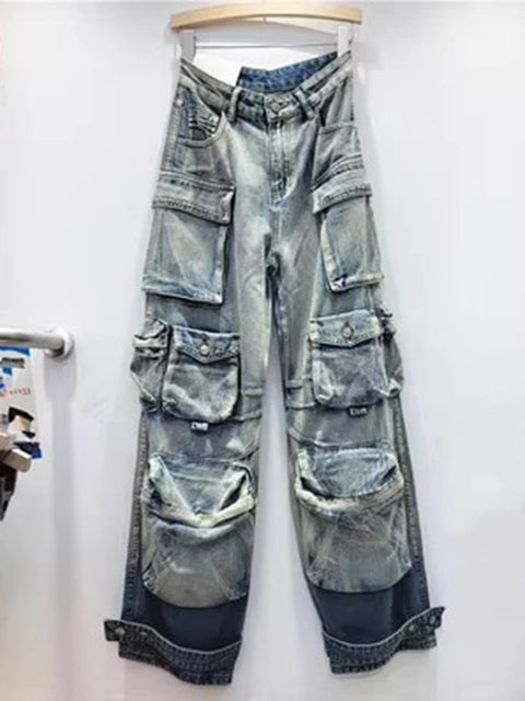 DEAT Fashion Gradient Multiple Pockets Design Jeans Women's Single Button High Waist Denim Pants 2025 Spring Female New 11XX4925