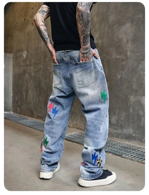 Trousers Straight Man Cowboy Pants with Print Men's Jeans Hip Hop Star Cotton 2025 Trend Stacked 90s Streetwear Y2k Vintage Kpop
