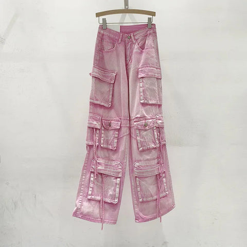 Pink Multi Pocket Overalls Jeans Female Y2K Punk Hip Hop Gothic Loose Fashion Jeans 2024 Autumn New American Retro High Street