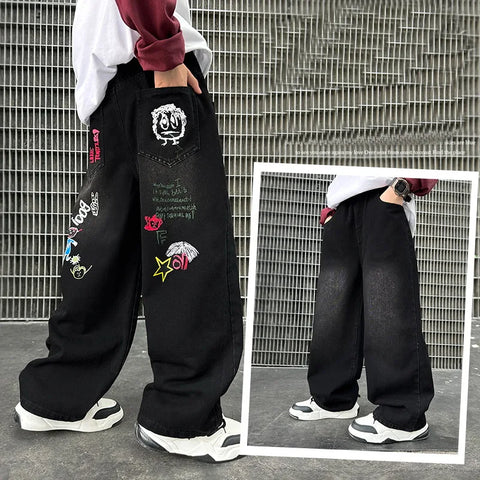 Hot Sale Kids Fashion Jeans With Cartoon For Boys Luxury Clothing Denim Pants Elegant Teenage Child Straight Fit Jeans Trousers