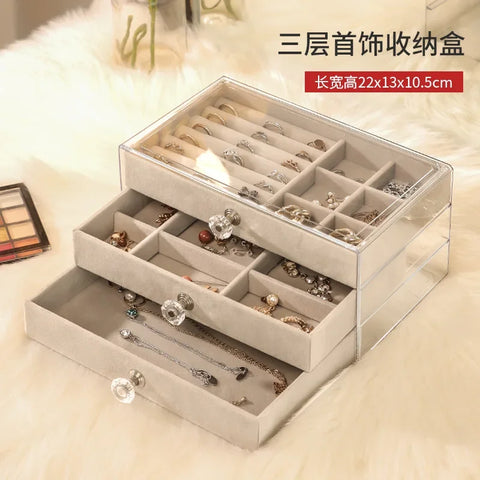 Velvet Acrylic Jewelry Organizer With 3 Drawers Stackable Display Storage Earrings Necklace Bracelets Box Holder Case For Women