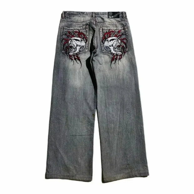 Y2K Washed Distressed Black Gray Jeans Men Women Harajuku Vintage Skull Graphic Embroidered Jeans Streetwear High Waist Trousers