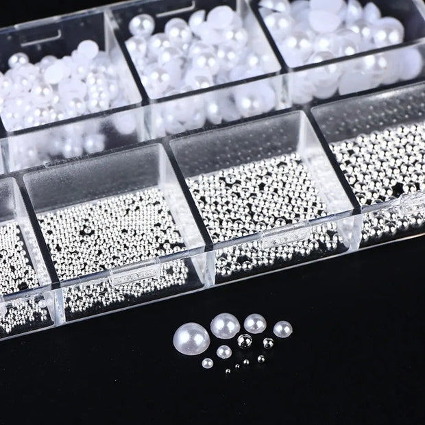 12 Grids White Pearls Nail Charms Caviar Beads Decorations Half Pearls Nail Jewelry Parts DIY Ornaments Manicure Accessories