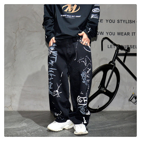 American Hip Hop Baggy Jeans Mens Clothing Streetwear Paint Graffiti Black Skateboard Street Dance Pants Kpop Denim Trousers
