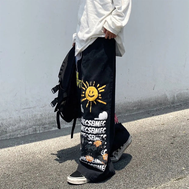 Hip Hop Women Graffiti Y2k Oversized Jeans Spring Autumn Pants Streetwear Fashion Vintage High Waist Wide Leg Casual Trousers