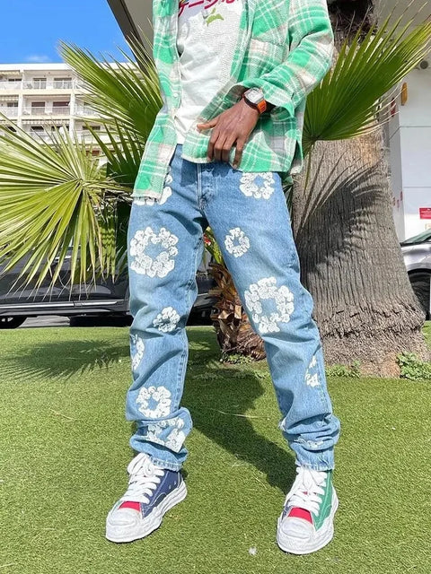 Korean Style Fashionable Embroidery Slim Fit Men's Jeans Casual Versatile Draped Straight Leg Denim Pants From China