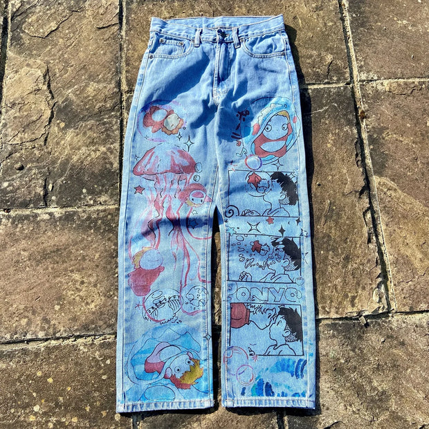 Harajuku Anime Graphic wide leg jeans High Waist Jeans Pants Women new Japanese Style Streetwear Y2K Jeans for Men Wide Trouser