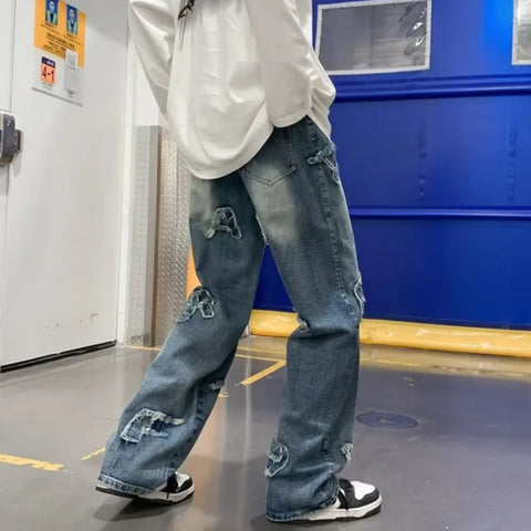 Jeans for Men Patchwork Letter Hip Hop Straight Wide Leg Fashion High Street Y2k Harajuku Do-old Popular Shopper Gradient Baggy