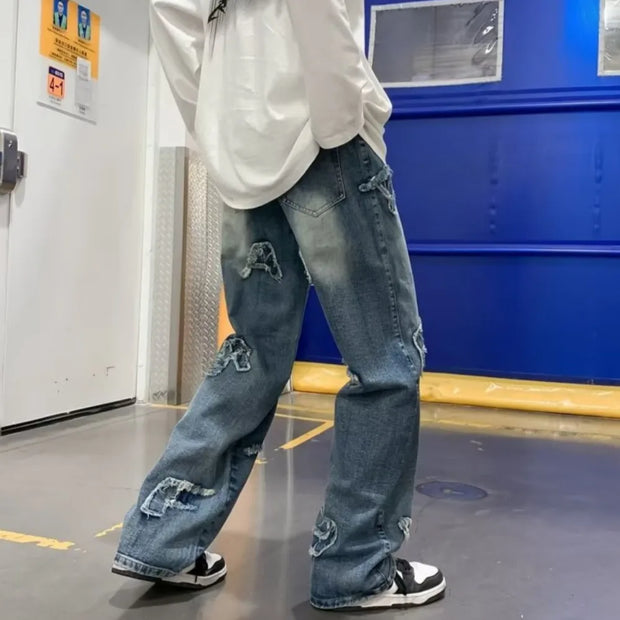 Jeans for Men Patchwork Letter Hip Hop Straight Wide Leg Fashion High Street Y2k Harajuku Do-old Popular Shopper Gradient Baggy