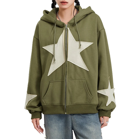 Winter Casual Hooded Coat Women Long Sleeve Star Print Zip Up Drawstring Hoodie Gothic Loose Outwear