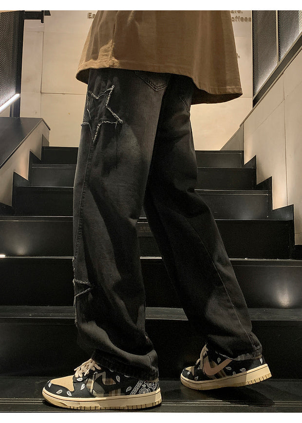Star Embroidery Straight Casual Men Jeans Gothic Neutral New Wide Leg Loose Hip-hop Fashion Youth Streetwear Denim Trousers Y2K