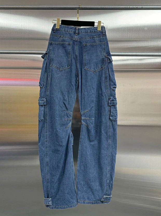 VGH Streetwear Loose Cargo Trousers for Women High Waist Spliced Pockets Washed Punk Style Wide Leg Pants Female Spring Clothes