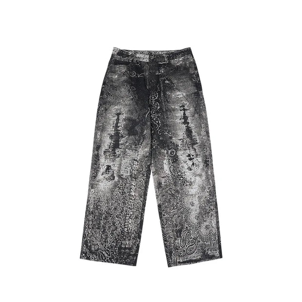 Retro Cashew Flower Digital Print Jeans Y2k Men’s Jeans Men Clothing Distressed Pants