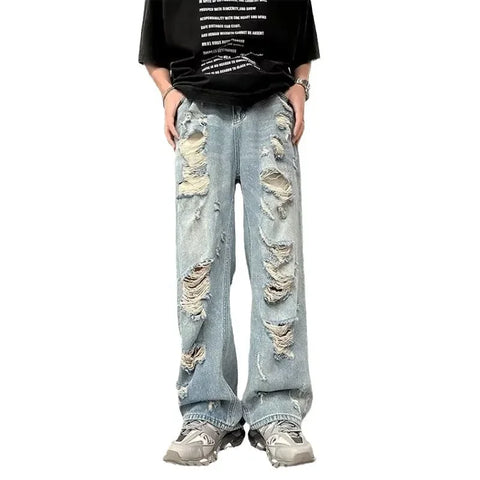 Vintage Distressed Straight-leg Jeans American Style Slimming Bell Bottoms Loose Fit High-waisted Summer Thin Version For Men