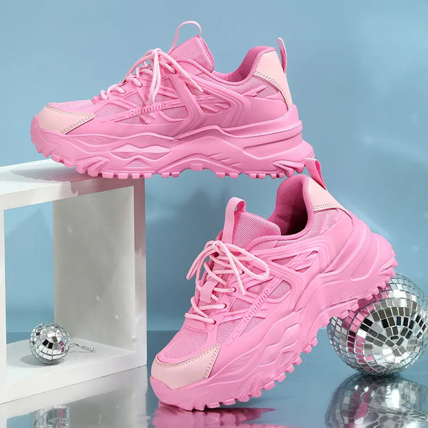 Clunky Sneaker Trend Thick Sole Mesh Surface Breathable Casual Sports Single Shoes Lace-up All Outdoor Fashion Shoes Women