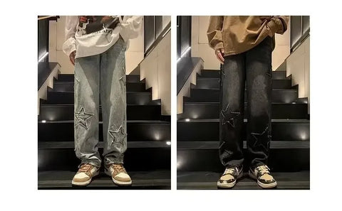 American High Street Style Men's Jeans Autumn Winter Straight Leg Loose Floor-Length Wide Leg Pants Casual Fashion