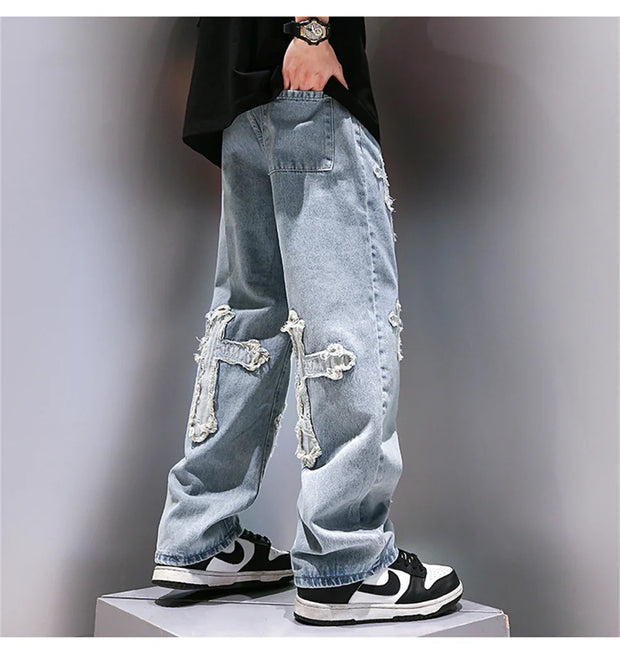 High Street Jeans Men Cross Graphic Baggy Denim Pants Unisex Young Streetwear Blue Loose Punk Casual Fashion Y2k Trousers Summer
