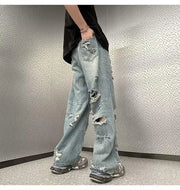 Vintage Distressed Straight-leg Jeans American Style Slimming Bell Bottoms Loose Fit High-waisted Summer Thin Version For Men