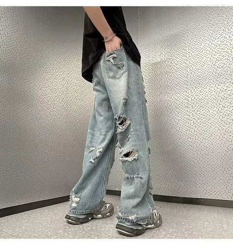 Vintage Distressed Straight-leg Jeans American Style Slimming Bell Bottoms Loose Fit High-waisted Summer Thin Version For Men