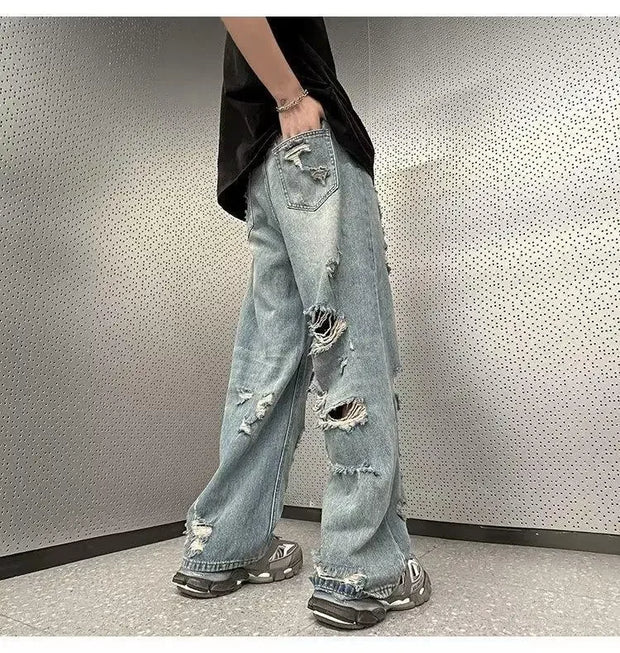Vintage Distressed Straight-leg Jeans American Style Slimming Bell Bottoms Loose Fit High-waisted Summer Thin Version For Men