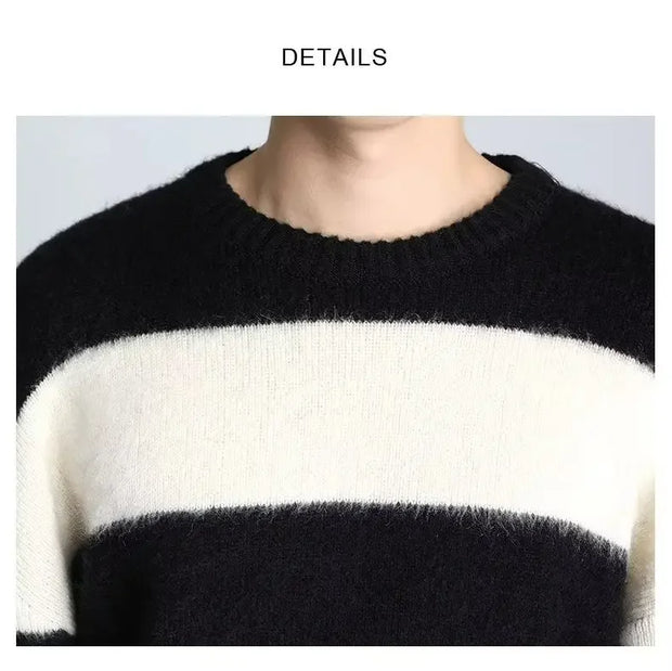 Casual Round Neck Striped Knitted Sweater New Style Loose Fit American Style Top Trendy Men's Trendy Sweater Winter