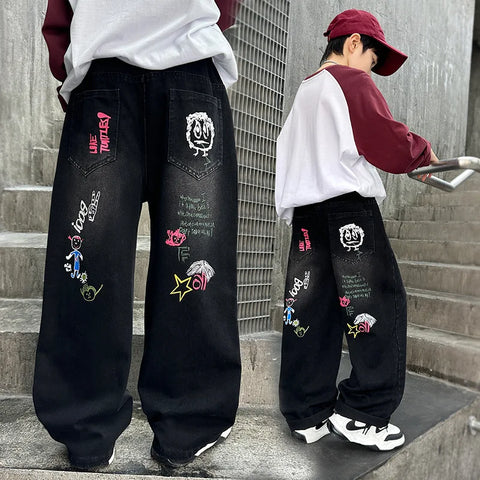 Hot Sale Kids Fashion Jeans With Cartoon For Boys Luxury Clothing Denim Pants Elegant Teenage Child Straight Fit Jeans Trousers