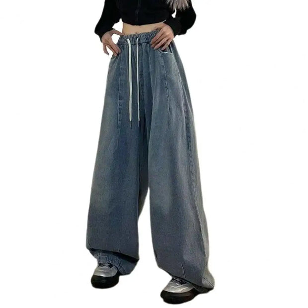 Unisex Denim Jeans Loose Jeans Vintage Wide Leg Denim Jeans with Elastic Waist Crotch Pockets Women's Streetwear Fashion for Hop