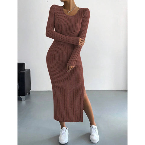 Mia Muse Women's Dresses Fall Winter Knitted Stripe Split U Neck Elastic Basic Bodycon Full Length Casual Maxi Long Dresses