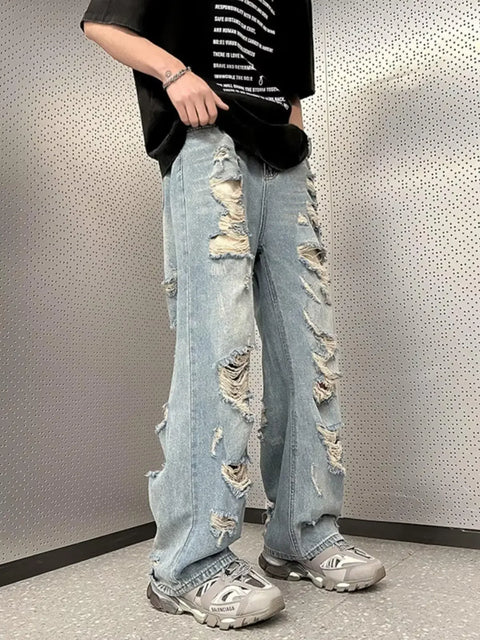 Vintage Distressed Straight-leg Jeans American Style Slimming Bell Bottoms Loose Fit High-waisted Summer Thin Version For Men