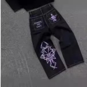 Y2K  Jeans New Harajuku Hip Hop Retro Skull Graphic Embroidered Baggy Jeans Denim Pants Men Women Goth High Waist Wide Trousers