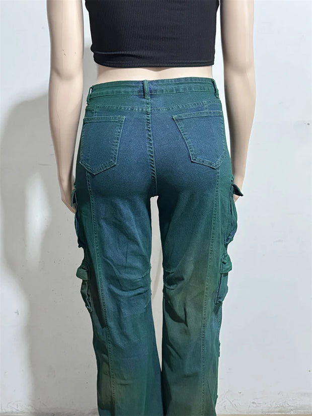 Streetwear Jeans Pants Fall Clothes 2024 Women High Wasit Multi Pocket Straight Denim Pants Female Fashion Jean Trousers Bottoms