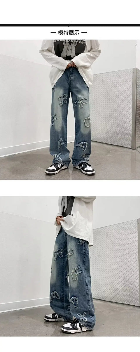 Jeans for Men Patchwork Letter Hip Hop Straight Wide Leg Fashion High Street Y2k Harajuku Do-old Popular Shopper Gradient Baggy