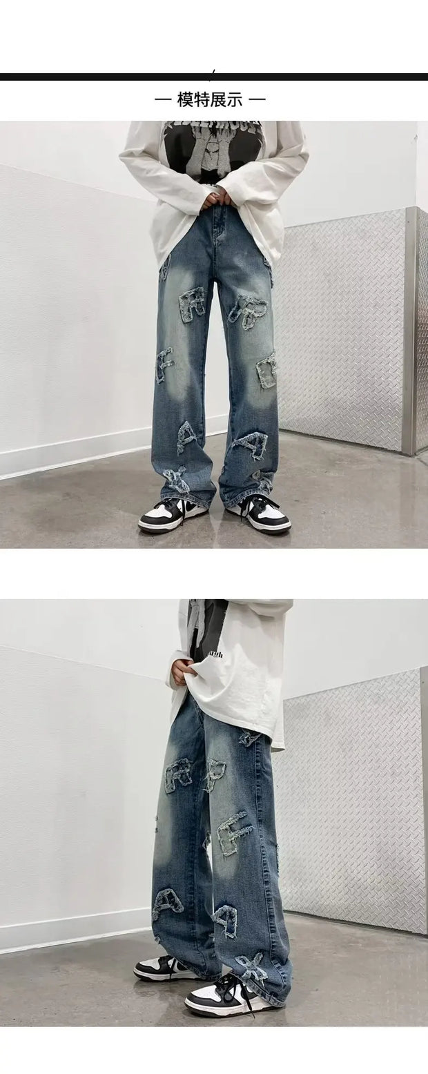 Jeans for Men Patchwork Letter Hip Hop Straight Wide Leg Fashion High Street Y2k Harajuku Do-old Popular Shopper Gradient Baggy