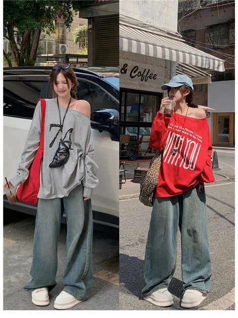 T-Shirts Women Off-shoulder Loose Fit Lazy Style All-match Young Students High Street Korean Fashion Spring Daily Tops Trendy