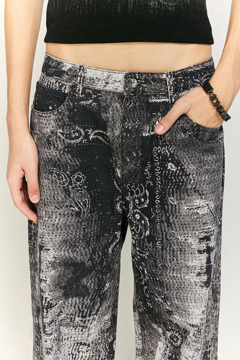 Retro Cashew Flower Digital Print Jeans Y2k Men’s Jeans Men Clothing Distressed Pants