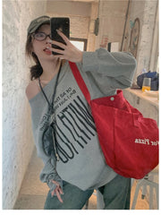 T-Shirts Women Off-shoulder Loose Fit Lazy Style All-match Young Students High Street Korean Fashion Spring Daily Tops Trendy
