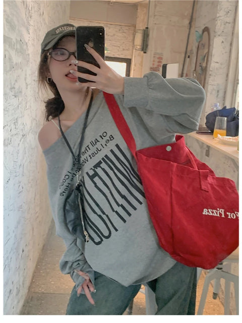 T-Shirts Women Off-shoulder Loose Fit Lazy Style All-match Young Students High Street Korean Fashion Spring Daily Tops Trendy