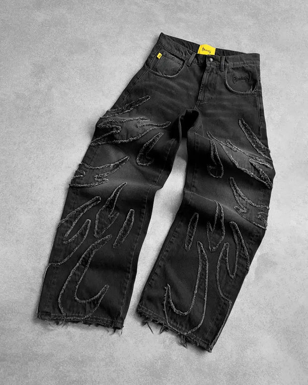 Y2K High Quality Vintage Jeans American Fashion Harajuku Flame Embroidery High Waist Wide Leg Jeans Men Women Hip Hop Streetwear
