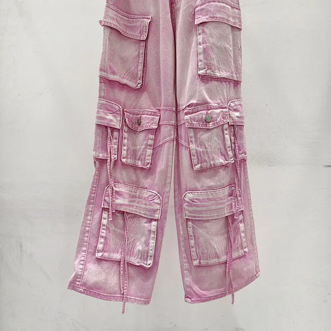 Pink Multi Pocket Overalls Jeans Female Y2K Punk Hip Hop Gothic Loose Fashion Jeans 2024 Autumn New American Retro High Street